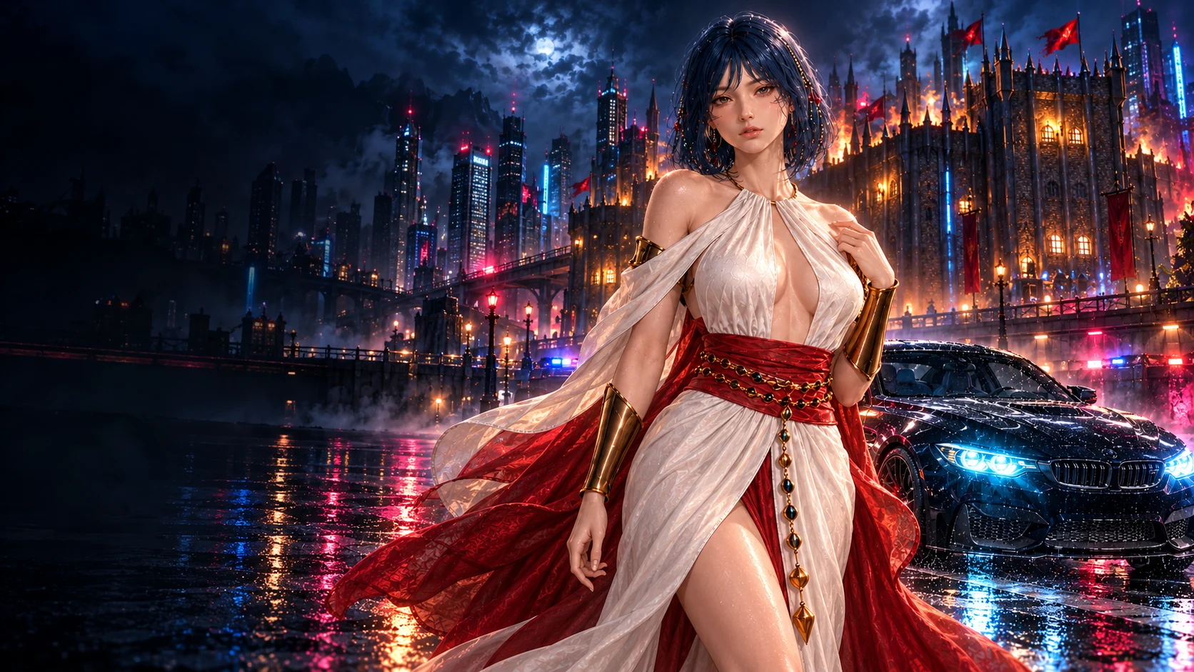 Sandora and CMW overlooking the neon-lit gothic city — cinematic concept artwork