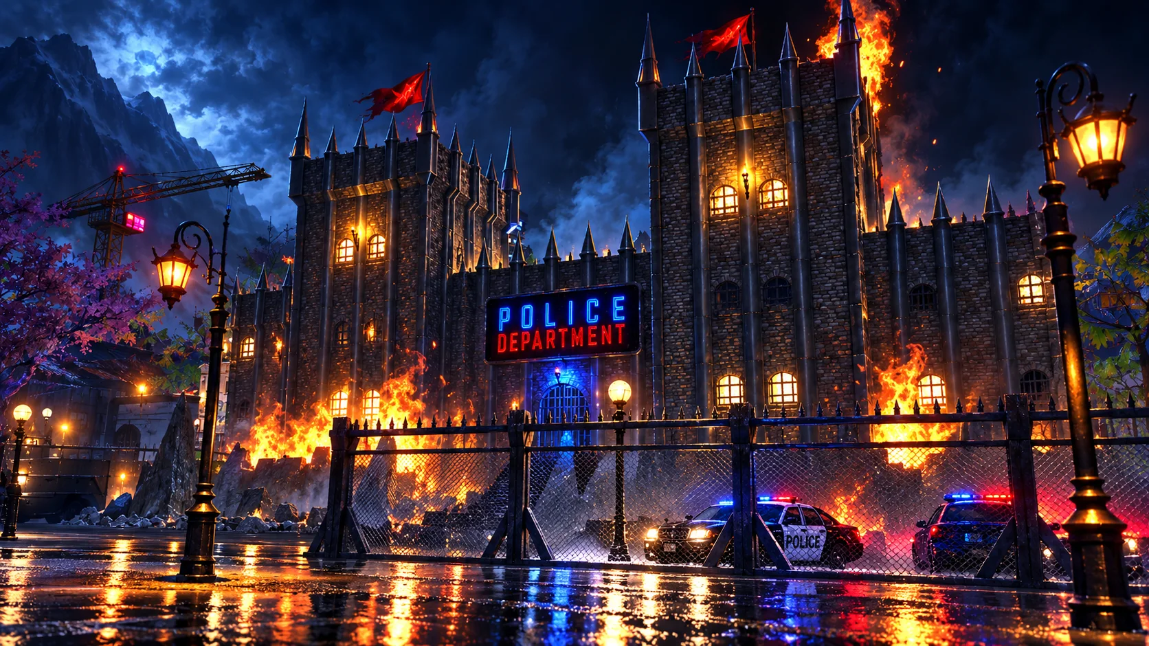 Gothic CotCity police headquarters in flames, with blue and red police lights — concept art